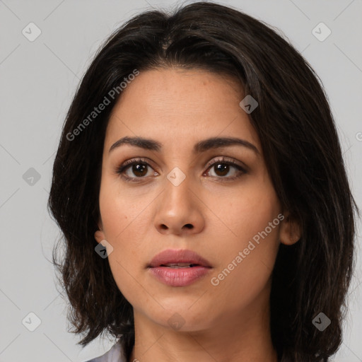 Neutral asian young-adult female with medium  brown hair and brown eyes