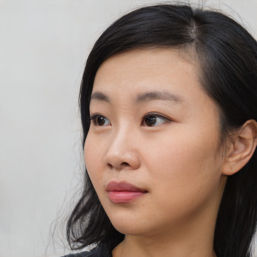 Neutral asian young-adult female with long  black hair and brown eyes