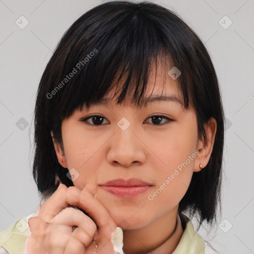 Neutral asian young-adult female with medium  brown hair and brown eyes