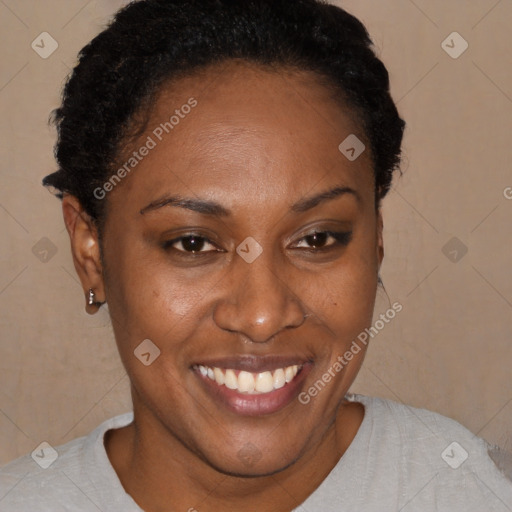 Joyful black young-adult female with short  brown hair and brown eyes