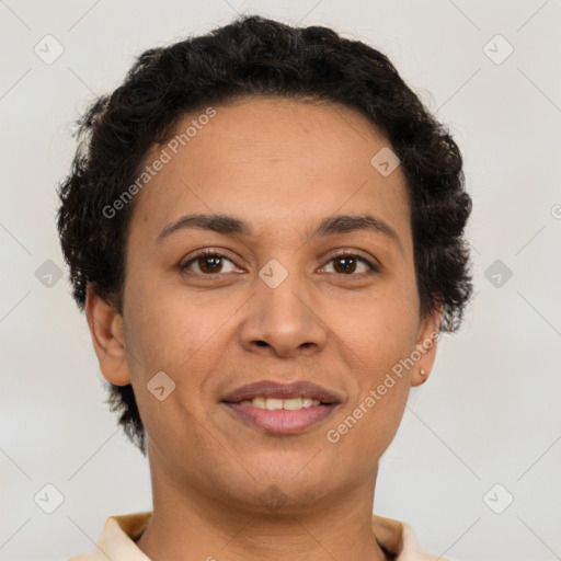 Joyful white adult female with short  brown hair and brown eyes