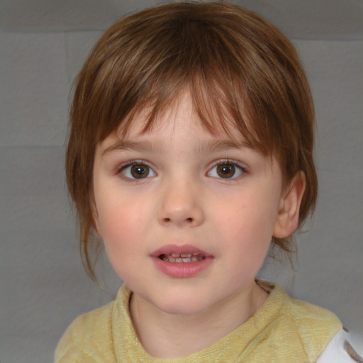 Neutral white child female with medium  brown hair and blue eyes