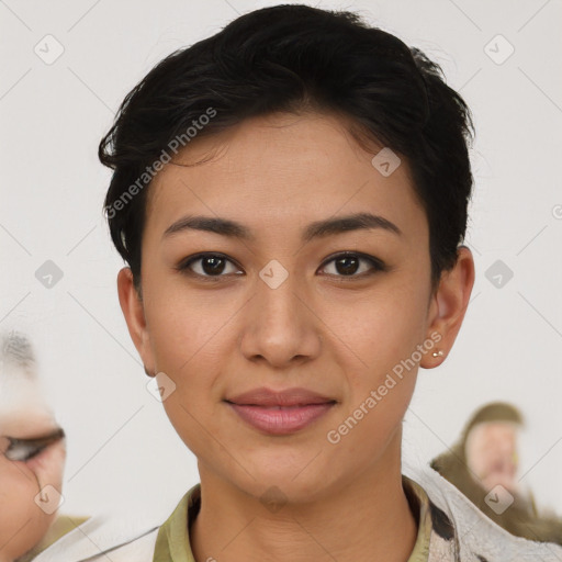 Joyful white young-adult female with short  brown hair and brown eyes