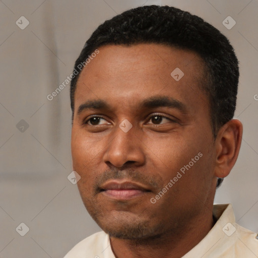 Neutral latino young-adult male with short  black hair and brown eyes