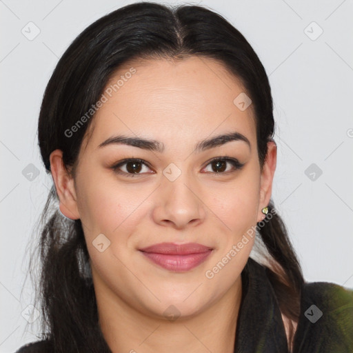 Joyful latino young-adult female with long  brown hair and brown eyes