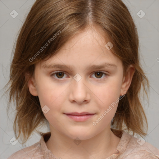 Joyful white child female with medium  brown hair and brown eyes