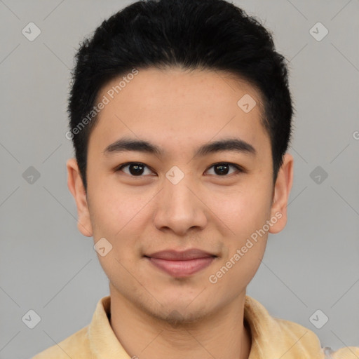 Joyful latino young-adult male with short  black hair and brown eyes