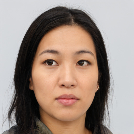 Neutral asian young-adult female with long  brown hair and brown eyes