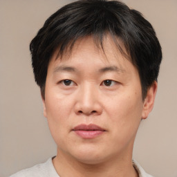 Joyful asian adult male with short  brown hair and brown eyes