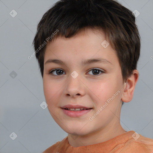 Joyful white child male with short  brown hair and brown eyes