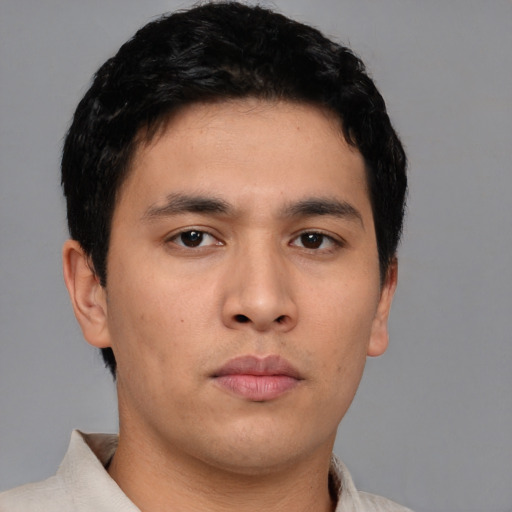 Neutral asian young-adult male with short  brown hair and brown eyes