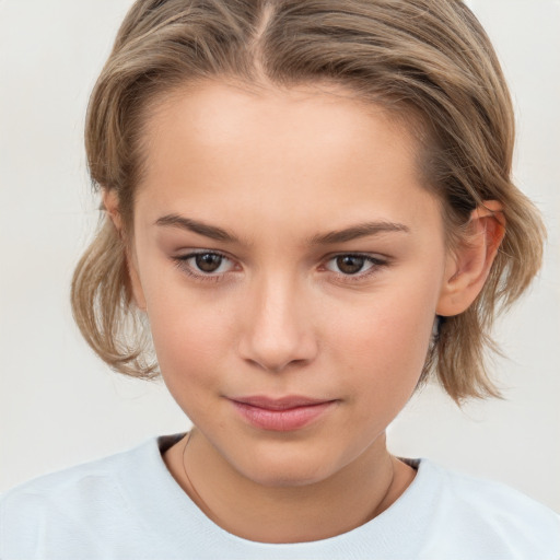 Joyful white child female with medium  brown hair and brown eyes