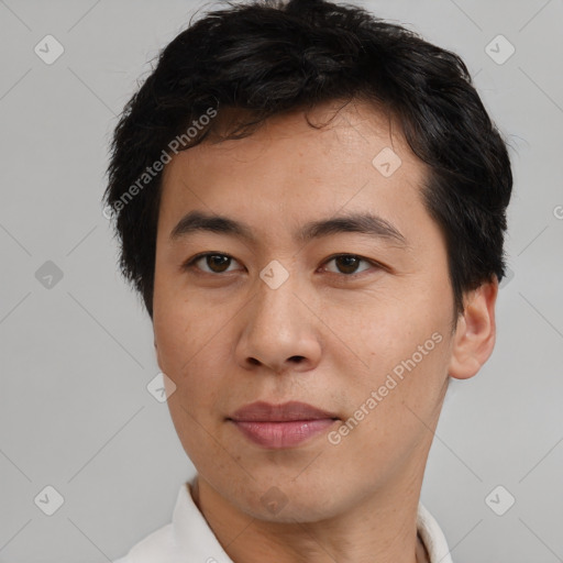 Joyful asian young-adult male with short  brown hair and brown eyes