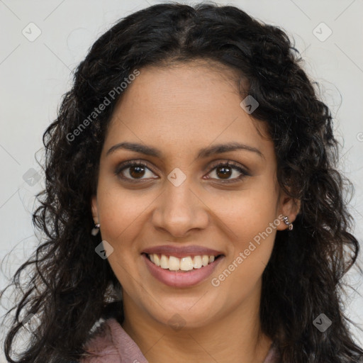 Joyful latino young-adult female with long  brown hair and brown eyes