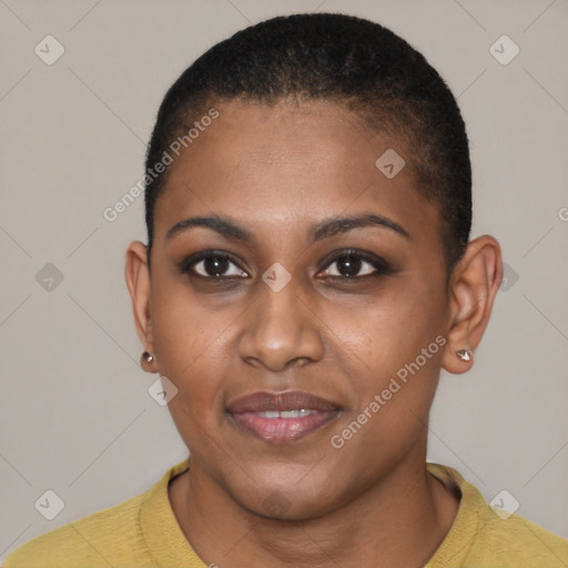 Joyful black young-adult female with short  brown hair and brown eyes