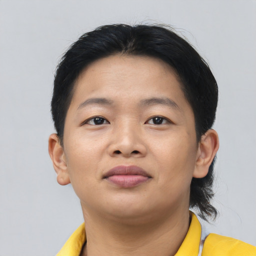 Neutral asian young-adult female with short  brown hair and brown eyes