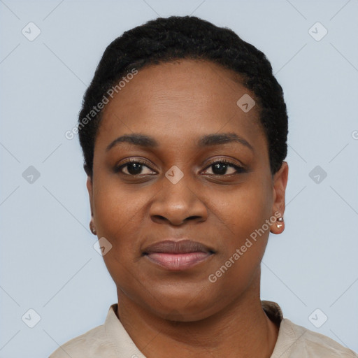 Joyful black young-adult female with short  black hair and brown eyes