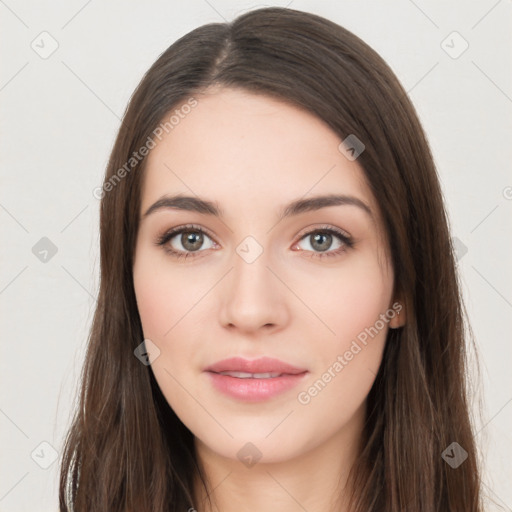 Neutral white young-adult female with long  brown hair and brown eyes