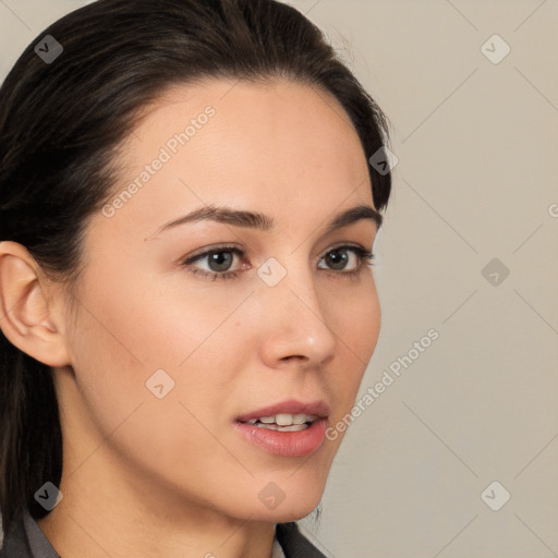 Neutral white young-adult female with medium  brown hair and brown eyes