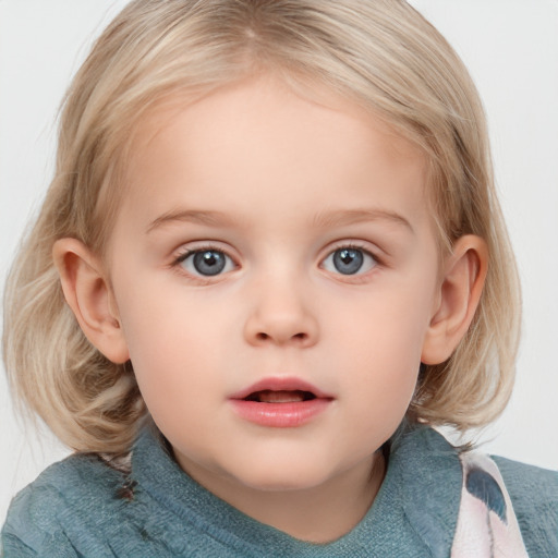 Neutral white child female with medium  brown hair and blue eyes