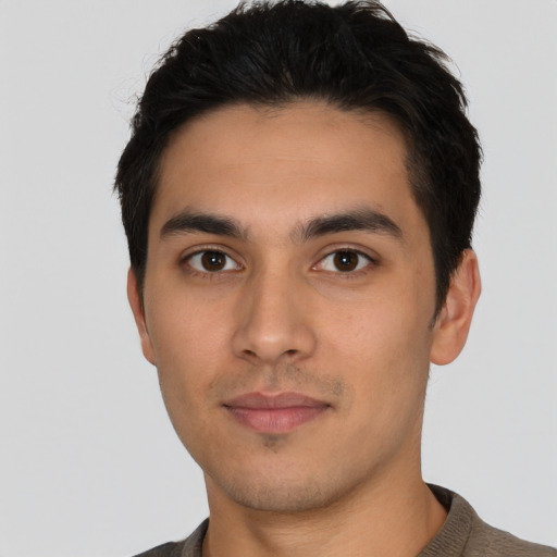 Neutral asian young-adult male with short  black hair and brown eyes