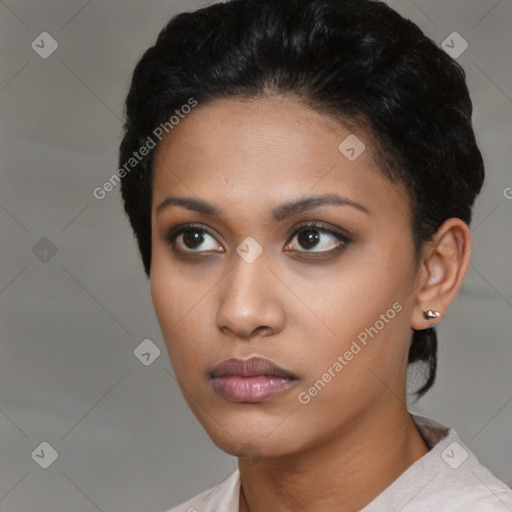 Neutral asian young-adult female with short  black hair and brown eyes