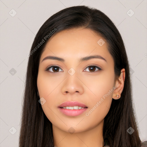 Neutral asian young-adult female with long  black hair and brown eyes