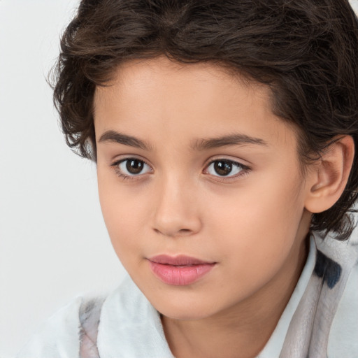 Joyful white child female with medium  brown hair and brown eyes