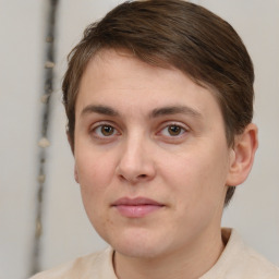 Neutral white young-adult female with short  brown hair and brown eyes