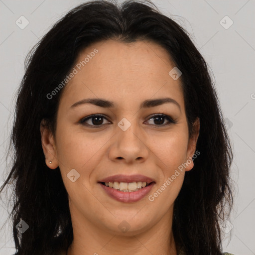 Joyful latino young-adult female with long  brown hair and brown eyes