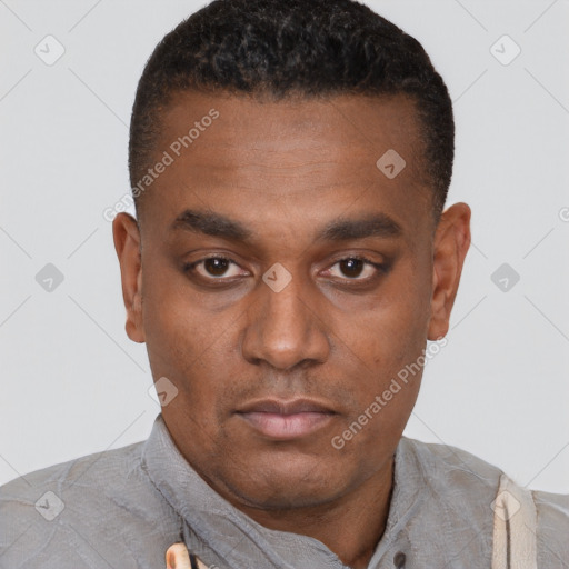 Neutral black young-adult male with short  black hair and brown eyes