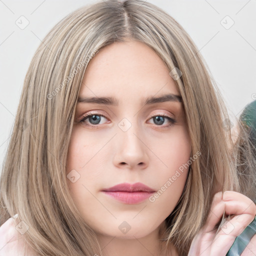 Neutral white young-adult female with medium  brown hair and grey eyes