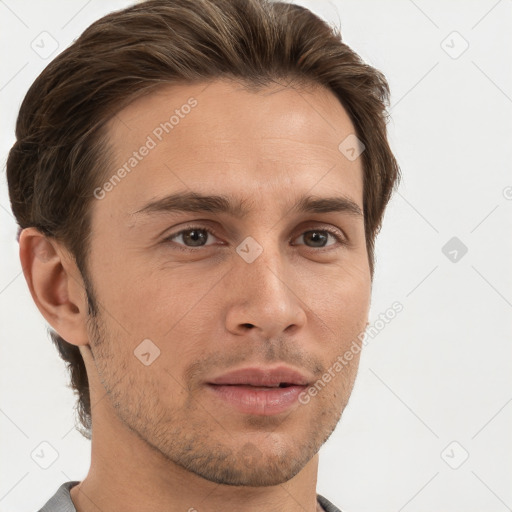 Neutral white young-adult male with short  brown hair and brown eyes