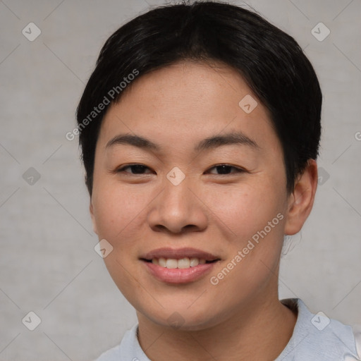 Joyful asian young-adult female with short  black hair and brown eyes