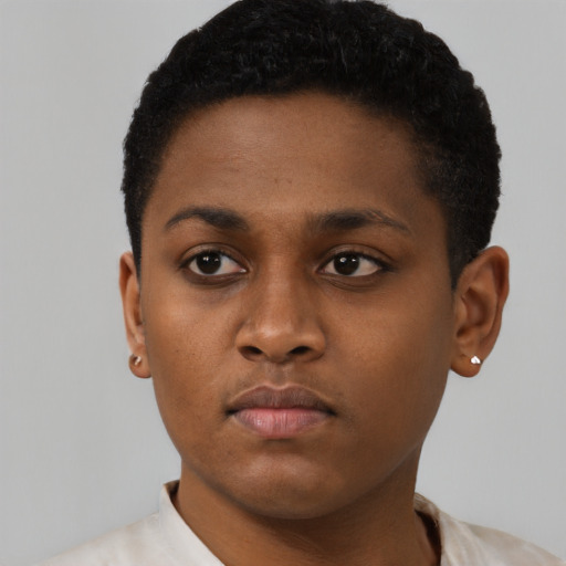 Neutral black young-adult female with short  black hair and brown eyes