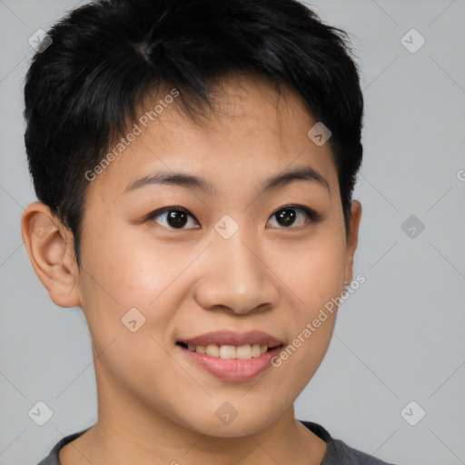 Joyful asian young-adult female with short  brown hair and brown eyes