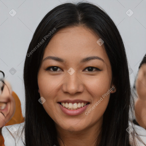 Joyful asian young-adult female with long  brown hair and brown eyes