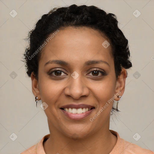 Joyful latino young-adult female with short  brown hair and brown eyes