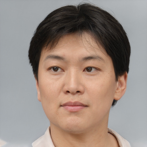 Neutral asian young-adult female with short  brown hair and brown eyes