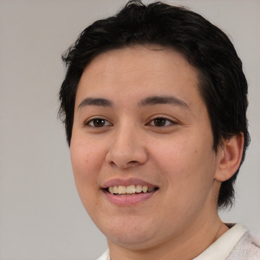 Joyful white young-adult female with short  black hair and brown eyes