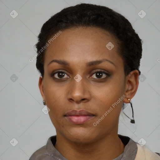 Neutral black young-adult female with short  black hair and brown eyes