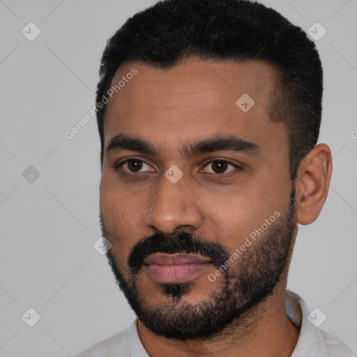 Neutral black young-adult male with short  black hair and brown eyes