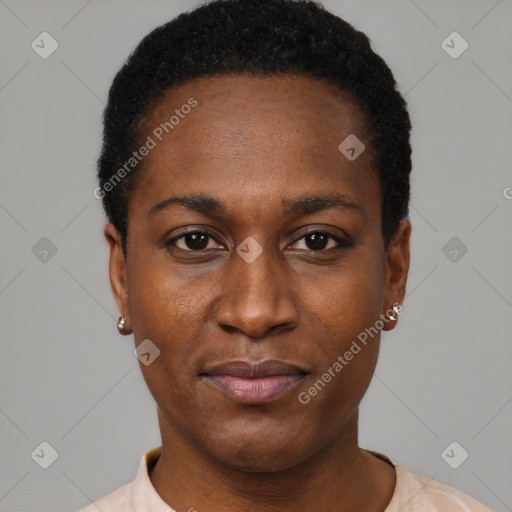 Neutral black young-adult female with short  black hair and brown eyes