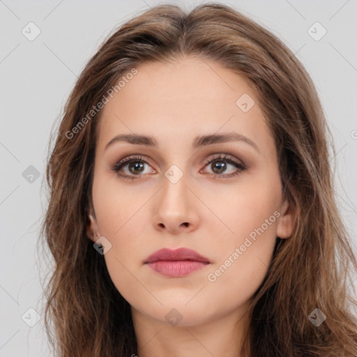 Neutral white young-adult female with long  brown hair and brown eyes