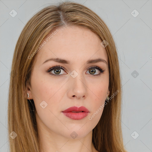 Neutral white young-adult female with long  brown hair and brown eyes