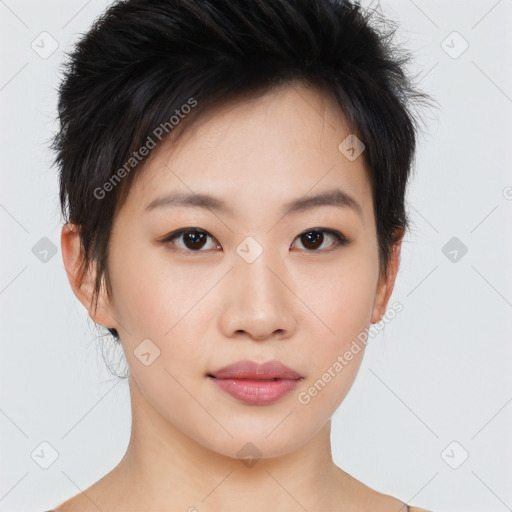 Neutral asian young-adult female with short  brown hair and brown eyes