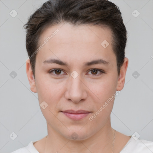 Joyful white young-adult female with short  brown hair and brown eyes