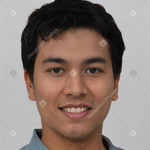 Joyful asian young-adult male with short  black hair and brown eyes