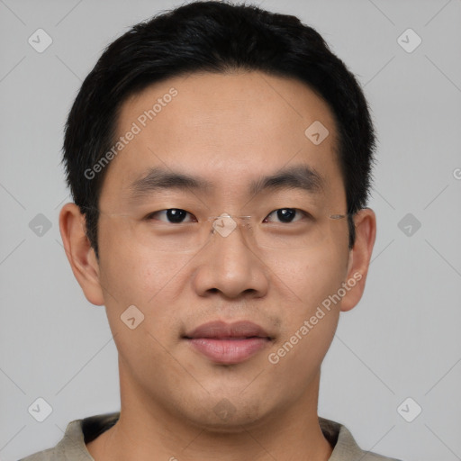 Neutral asian young-adult male with short  black hair and brown eyes