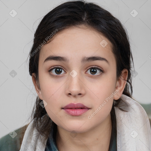 Neutral white young-adult female with medium  brown hair and brown eyes